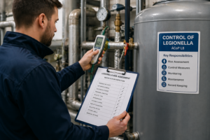 legionella risk assessment inspection of commercial water system with engineer testing temperature