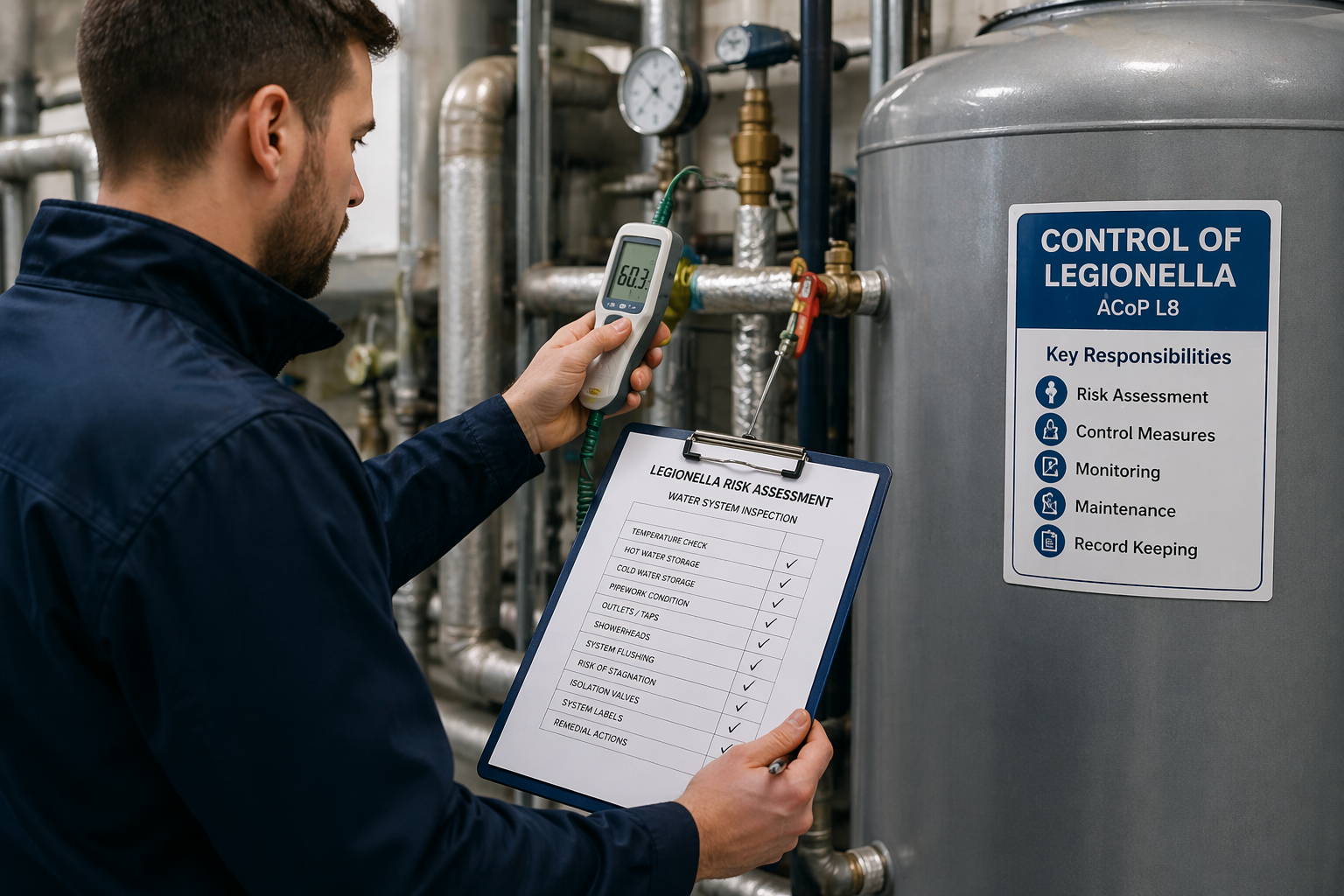 legionella risk assessment inspection of commercial water system with engineer testing temperature