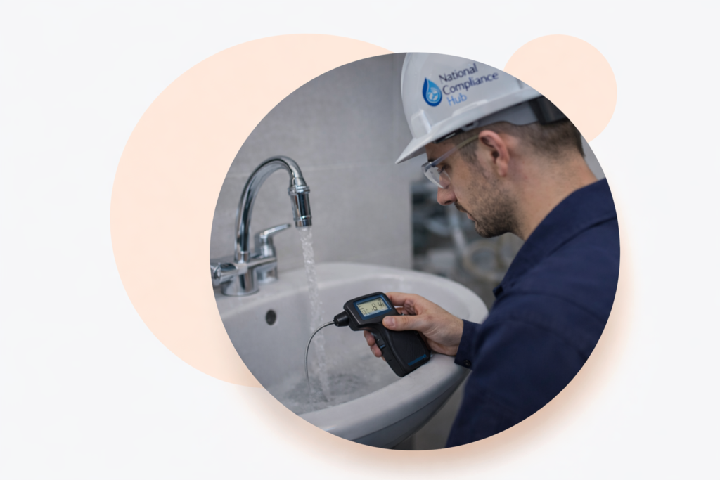 Legionella risk assessor measuring water temperature at a tap during a building water safety inspection