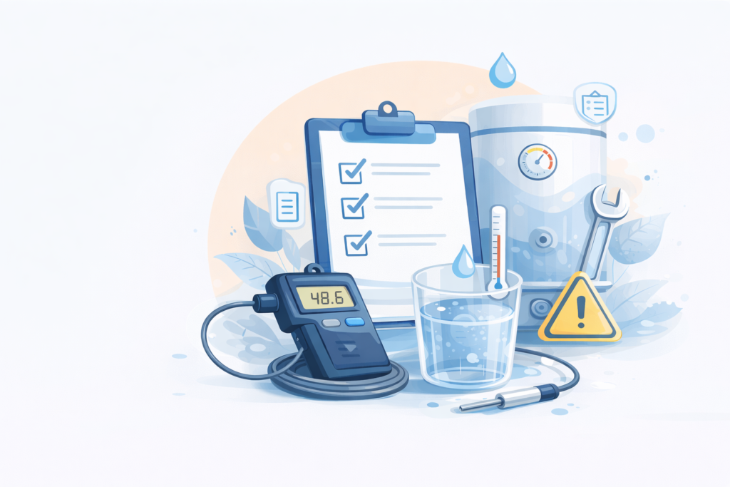 Legionella risk assessment equipment showing water temperature monitoring tools and compliance checklist