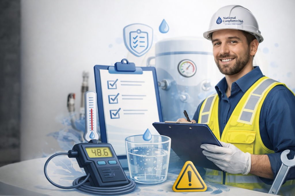 Qualified Legionella risk assessor inspecting a cold water storage tank as part of a Legionella risk assessment service.