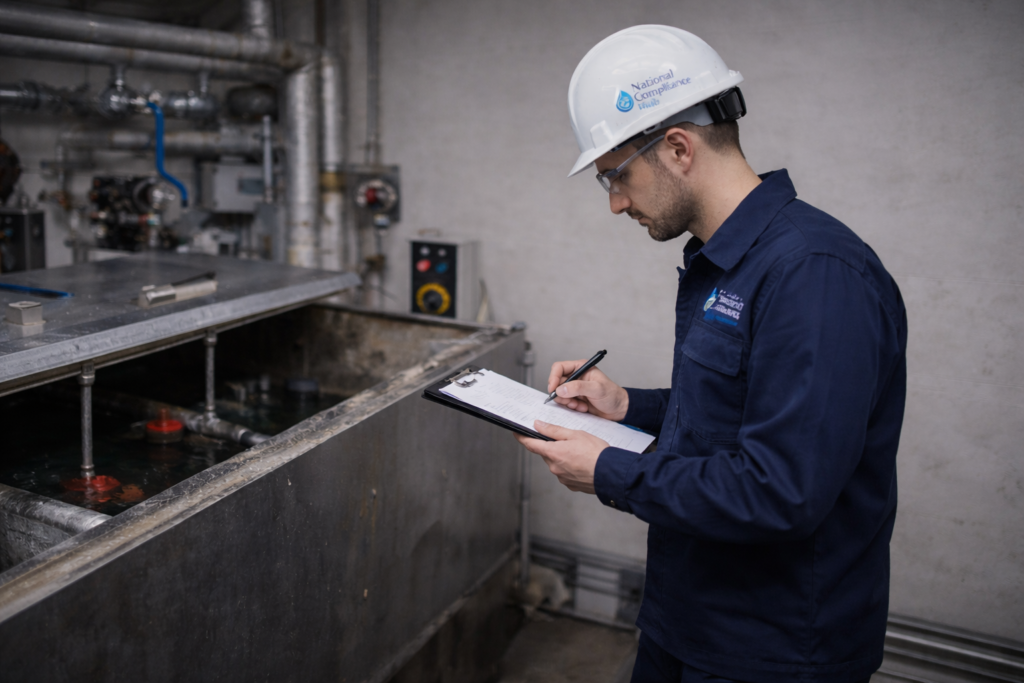 Legionella risk assessor inspecting commercial water tank system