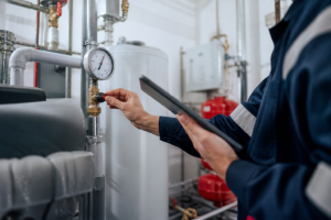 Legionella risk assessment engineer checking water system in plant room