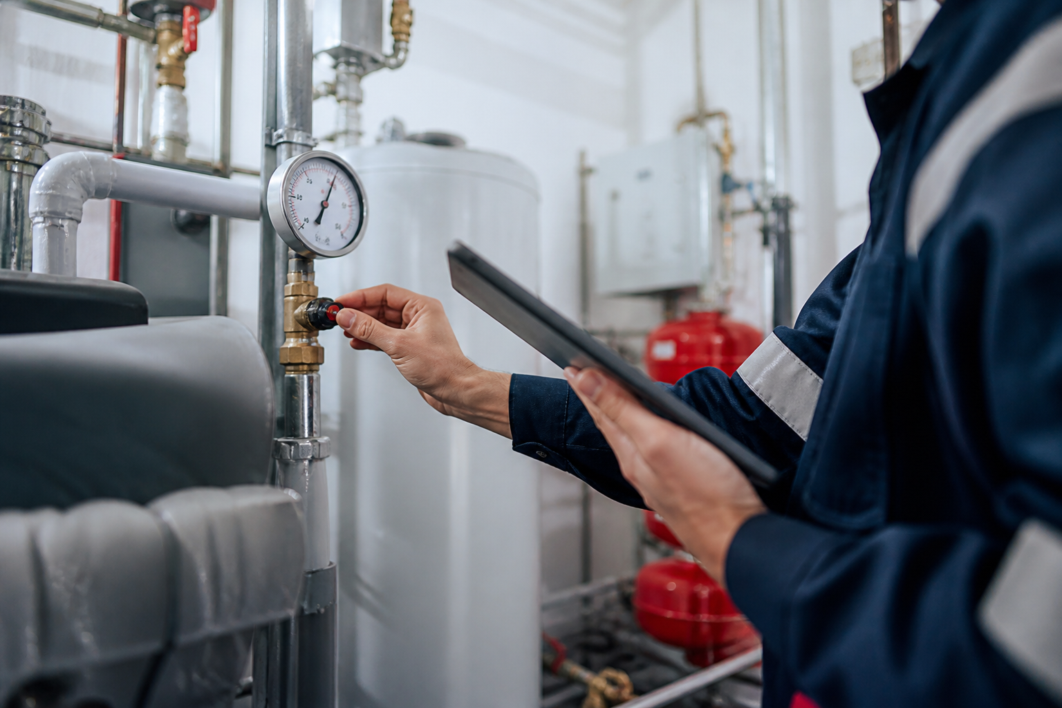 Legionella risk assessment engineer checking water system in plant room